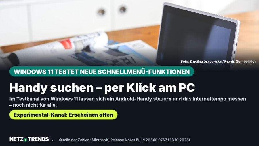 Aufmacher-Karte: Laptop und Zeitschrift auf einem Holztisch als Symbolbild; Text: Windows 11 testet im Experimental-Kanal eine Handy-Steuerung und einen Speedtest in den Schnelleinstellungen, Erscheinen offen