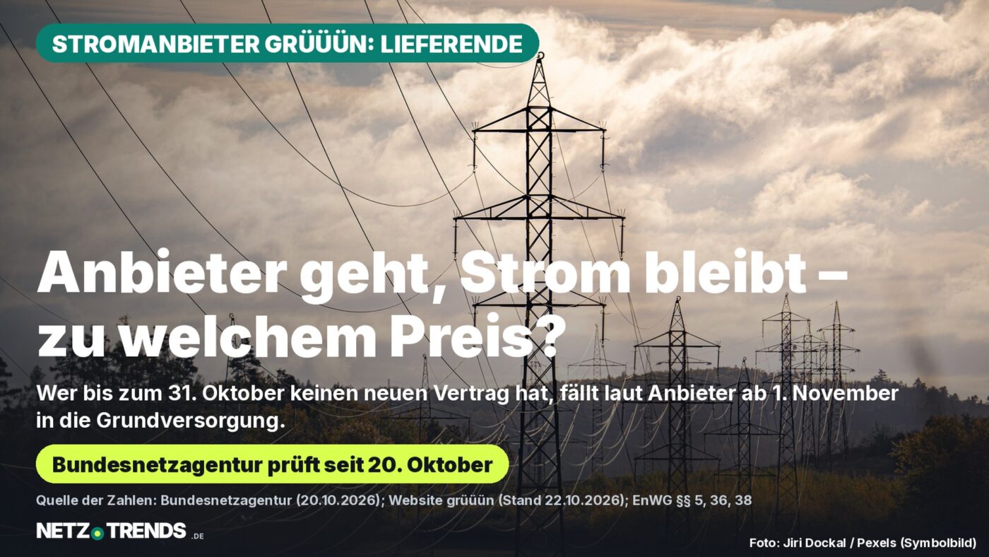 Aufmacher-Karte mit Strommasten und Hochspannungsleitungen in Herbstlandschaft; Text: Anbieter geht, Strom bleibt – zu welchem Preis? Wer bis zum 31. Oktober keinen neuen Vertrag hat, fällt laut Anbieter ab 1. November in die Grundversorgung.