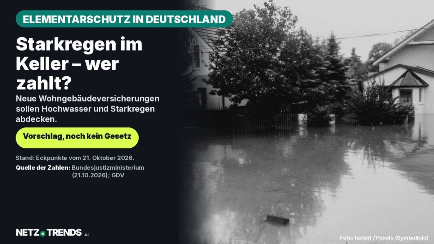 Überflutete Vorstadtstraße mit Wohnhäusern in Schwarz-Weiß, daneben der Hinweis: Neue Wohngebäudeversicherungen sollen Hochwasser und Starkregen abdecken – Vorschlag, noch kein Gesetz