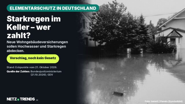 Überflutete Vorstadtstraße mit Wohnhäusern in Schwarz-Weiß, daneben der Hinweis: Neue Wohngebäudeversicherungen sollen Hochwasser und Starkregen abdecken – Vorschlag, noch kein Gesetz