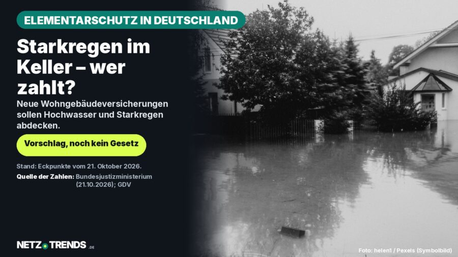 Überflutete Vorstadtstraße mit Wohnhäusern in Schwarz-Weiß, daneben der Hinweis: Neue Wohngebäudeversicherungen sollen Hochwasser und Starkregen abdecken – Vorschlag, noch kein Gesetz