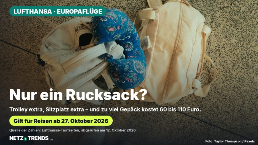 Aufmacher-Karte: Rucksack, Reisetasche und Nackenkissen auf dem Boden, darüber der Text „Nur ein Rucksack?“ und der Hinweis, dass bei Lufthansa Economy Basic ein Handgepäckstück extra kostet und zu viel Gepäck 60 bis 110 Euro kostet