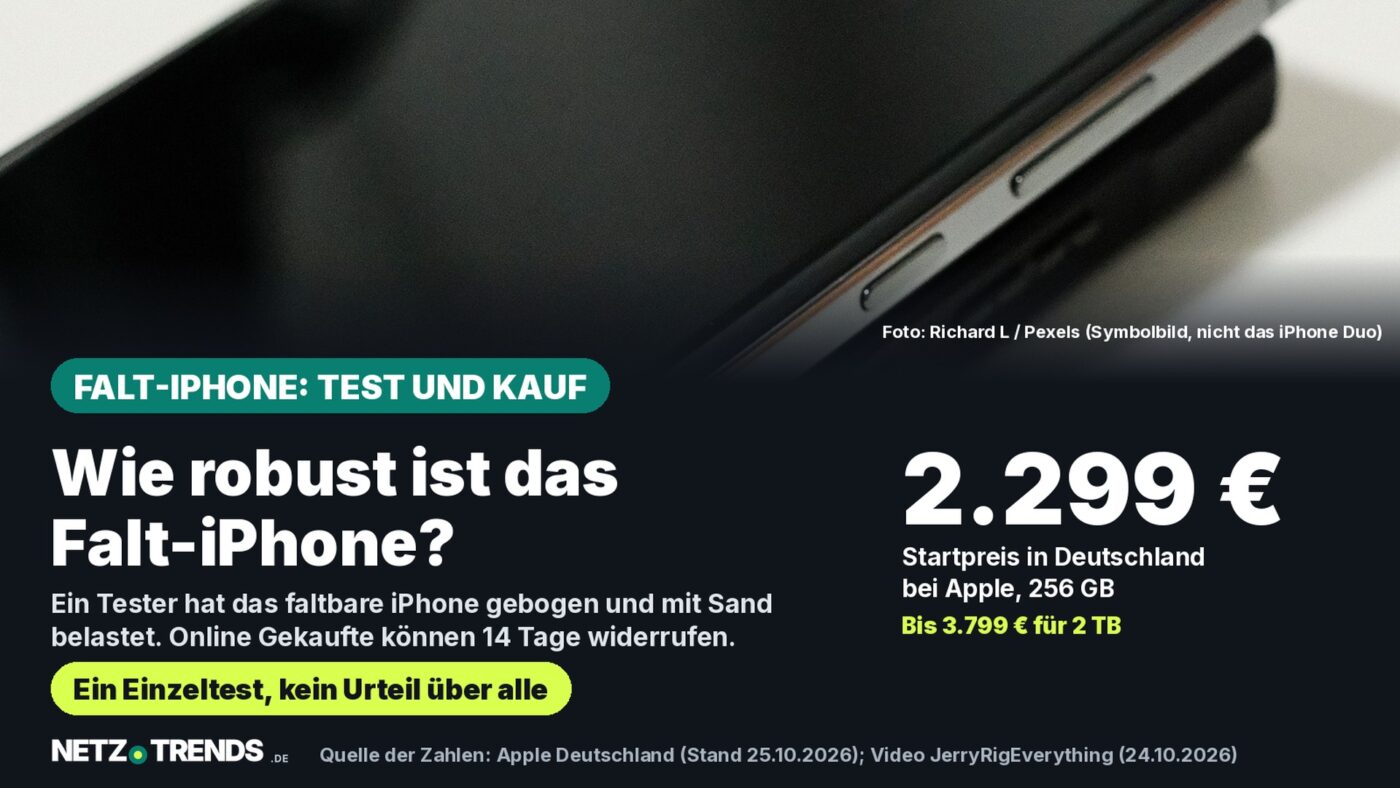 Aufmacher-Karte: Symbolfoto eines faltbaren Smartphones, Frage nach der Robustheit des Falt-iPhones, Startpreis 2.299 Euro bei Apple Deutschland, bis 3.799 Euro für 2 TB