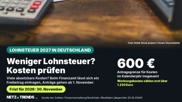 Aufmacher-Karte: Taschenrechner und Laptop auf einem Holztisch, dazu die Kernaussage: 600 Euro Antragsgrenze für Kosten im Kalenderjahr beim Lohnsteuer-Freibetrag 2027 in Deutschland, Frist für 2026 ist der 30. November