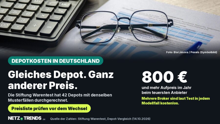 Aufmacher-Karte: Taschenrechner, Brille und Dokument mit Diagrammen als Symbolfoto; Kernaussage: Laut Stiftung Warentest kostet der teuerste Depotanbieter über 800 Euro mehr im Jahr als die günstigsten
