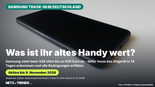 Schwarzes Smartphone mit dunklem Display auf heller Fläche; Karte zur Samsung-Trade-In-Aktion bis 9. November 2026 mit bis zu 930 Euro Vorabzug beim Galaxy S26 Ultra und 14 Tagen Frist fürs Altgerät