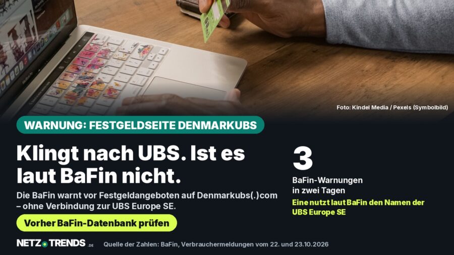 Aufmacher-Karte: Hände mit Kreditkarte an einem Laptop; Text: Die BaFin warnt in zwei Tagen dreimal vor Anlageseiten, eine nutzt laut BaFin den Namen der UBS Europe SE
