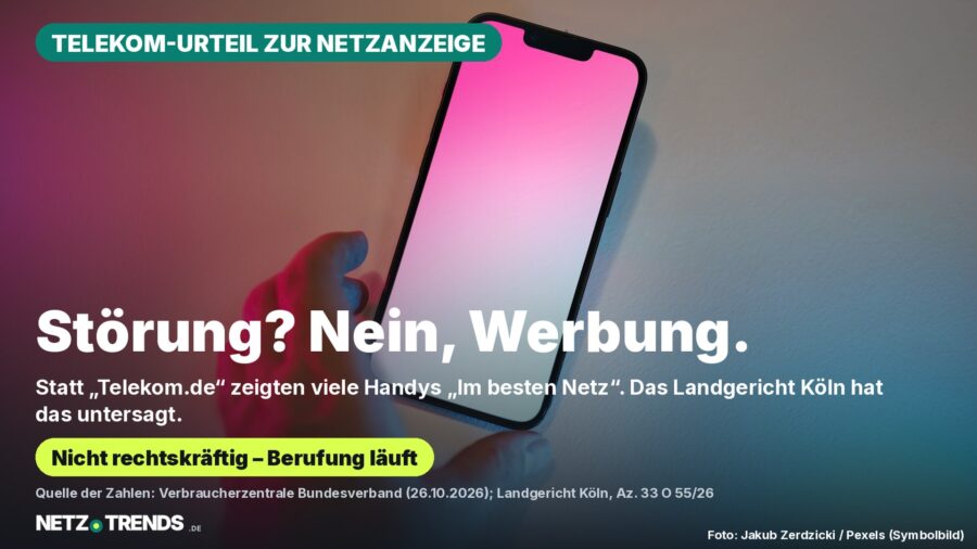 Aufmacher-Karte: Hand greift nach einem Smartphone mit pinkem Display; Text „Störung? Nein, Werbung.“ zum Urteil des Landgerichts Köln gegen die Telekom wegen Werbung statt Netzkennung, nicht rechtskräftig