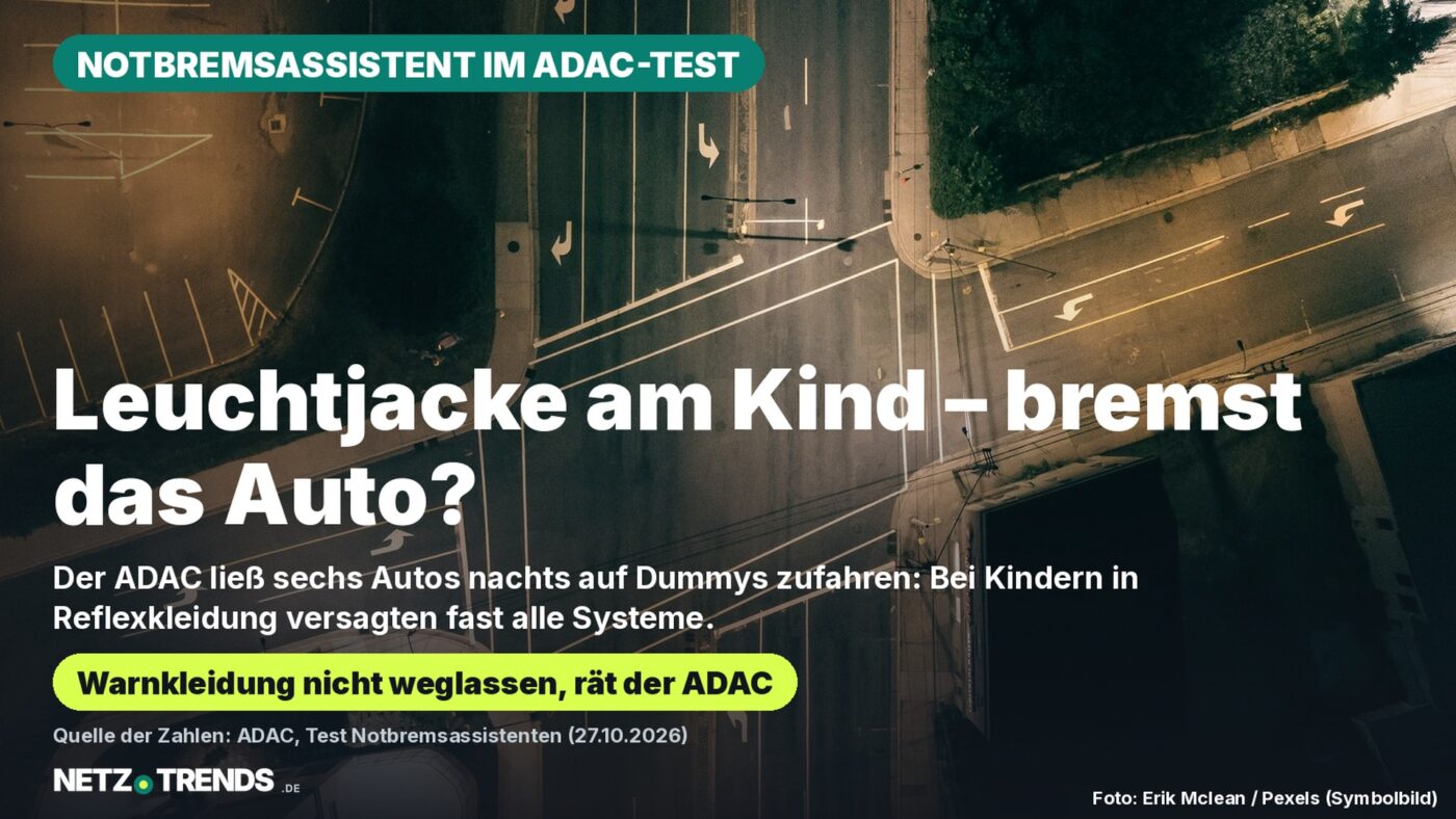 Nächtliche Straßenkreuzung aus der Vogelperspektive mit Text: Notbremsassistent im ADAC-Test – Leuchtjacke am Kind, bremst das Auto? Bei Kindern in Reflexkleidung versagten fast alle Systeme.