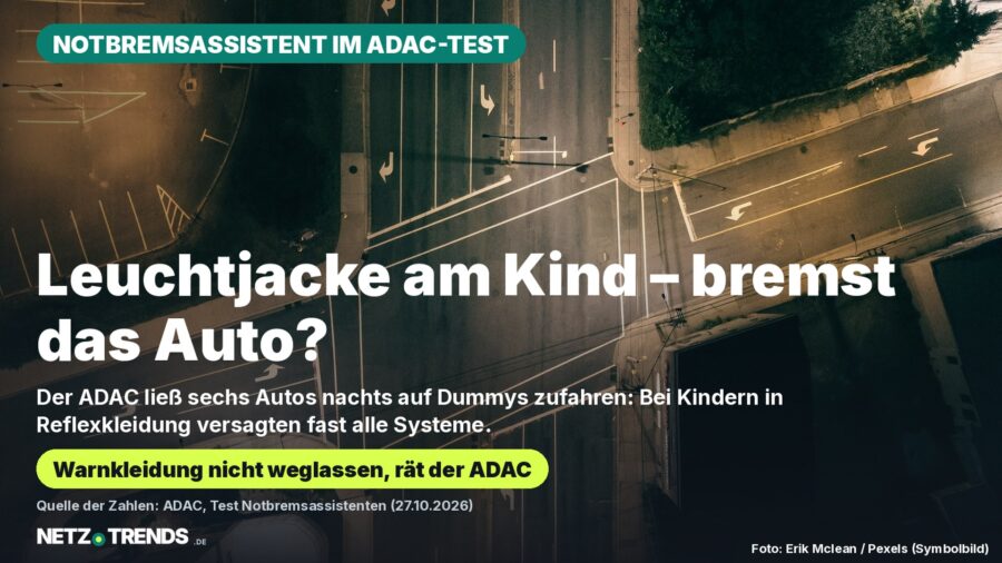 Nächtliche Straßenkreuzung aus der Vogelperspektive mit Text: Notbremsassistent im ADAC-Test – Leuchtjacke am Kind, bremst das Auto? Bei Kindern in Reflexkleidung versagten fast alle Systeme.