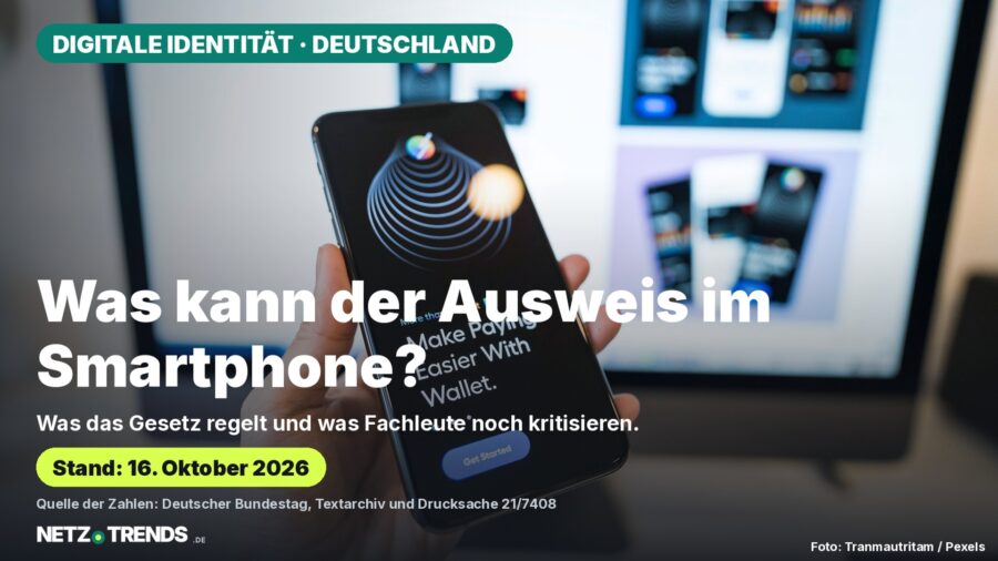 Symbolbild: Eine Hand hält ein Smartphone mit einer Wallet-App; darüber die Frage, was der Ausweis im Smartphone kann