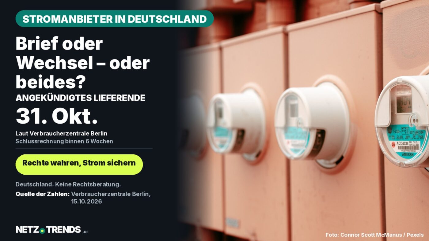 Aufmacher-Karte: Reihe von Stromzählern als Symbolbild, dazu die Frage „Brief oder Wechsel – oder beides?“ und das angekündigte Lieferende 31. Oktober laut Verbraucherzentrale Berlin