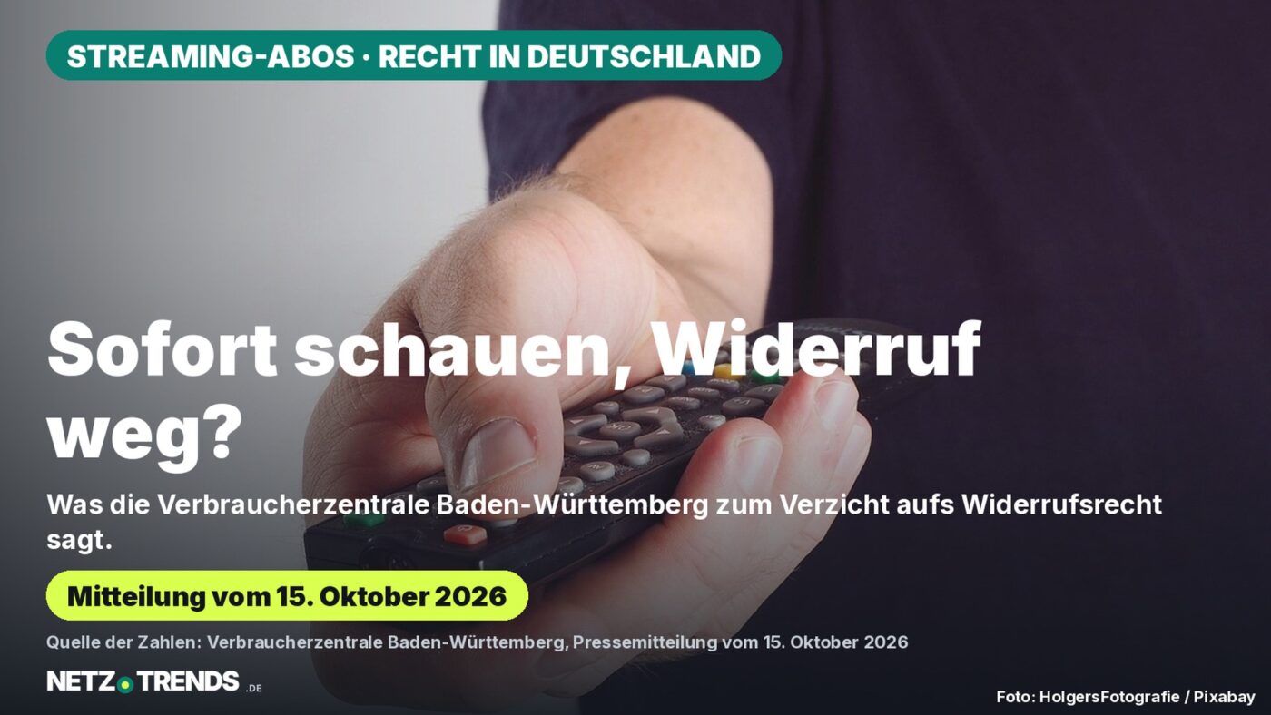 Eine Hand hält eine Fernbedienung; Karte mit der Frage „Sofort schauen, Widerruf weg?“ zum Widerruf von Streaming-Abos