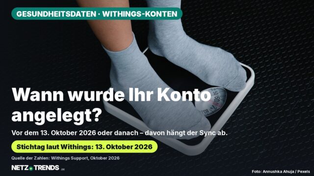 Füße in grauen Socken auf einer analogen Personenwaage; Karte mit der Frage, wann das Withings-Konto angelegt wurde, und dem Stichtag 13. Oktober 2026