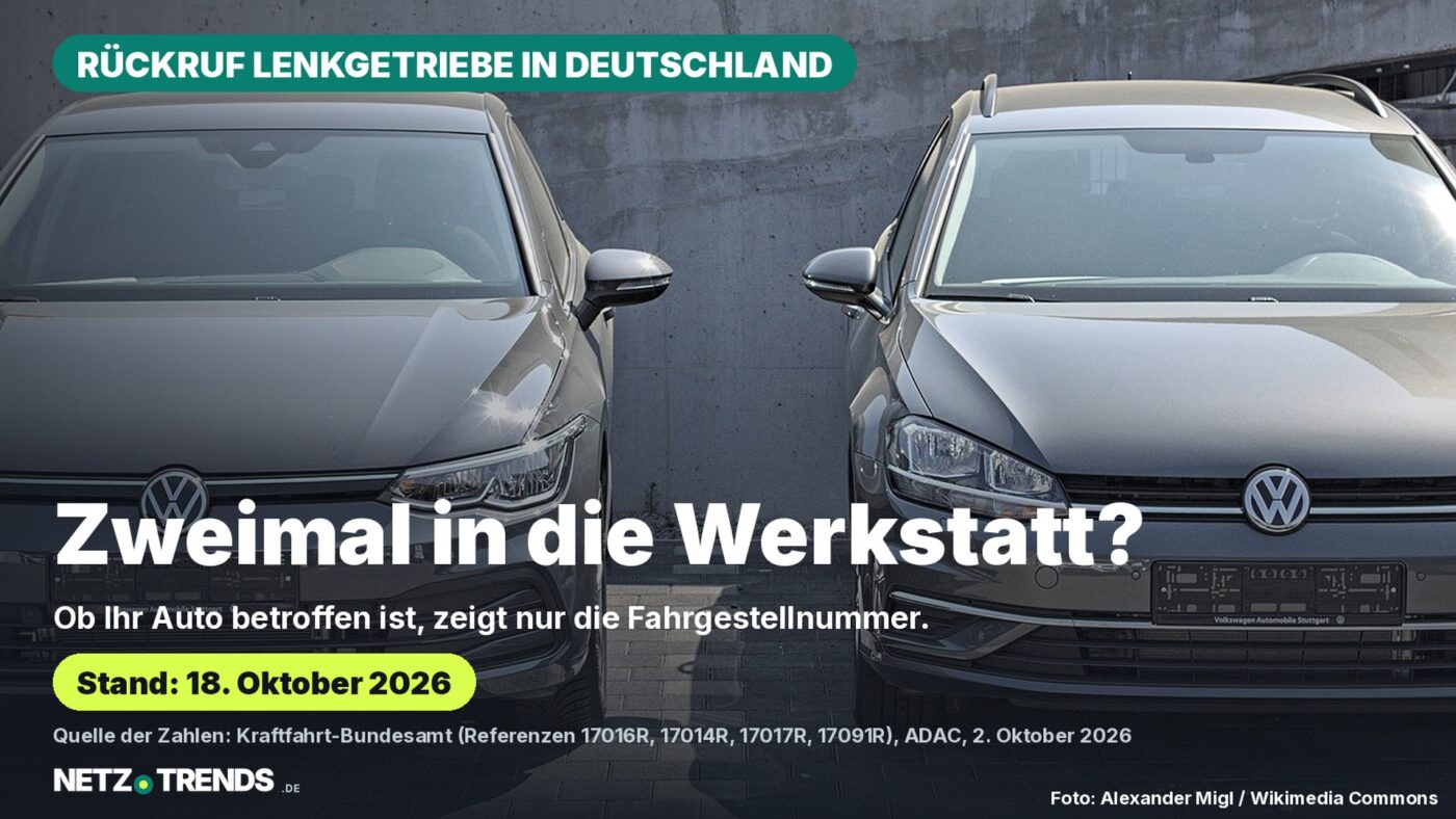 Zwei Volkswagen Golf nebeneinander mit der Frage Zweimal in die Werkstatt? und dem Hinweis, dass nur die Fahrgestellnummer zeigt, ob ein Auto vom Rückruf der Lenkgetriebe-Schraube betroffen ist