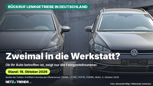 Zwei Volkswagen Golf nebeneinander mit der Frage Zweimal in die Werkstatt? und dem Hinweis, dass nur die Fahrgestellnummer zeigt, ob ein Auto vom Rückruf der Lenkgetriebe-Schraube betroffen ist