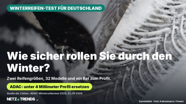 Aufmacher-Karte: Reifenprofil im Schnee mit der Frage, wie sicher Autofahrende durch den Winter kommen; Hinweis auf den ADAC-Winterreifentest 2026 und den Rat, Reifen unter 4 Millimetern Profil zu ersetzen