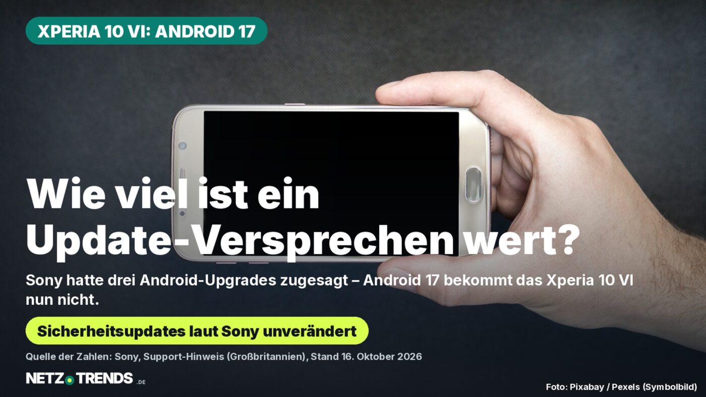 Hand hält ein Smartphone mit leerem Bildschirm; Aufmacher-Karte zu Sonys gestrichenem Android-17-Update für das Xperia 10 VI