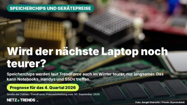 Aufmacher-Karte: Arbeitsspeicher-Module auf einem Mainboard, Frage nach teureren Laptops, Prognose von TrendForce für das 4. Quartal 2026