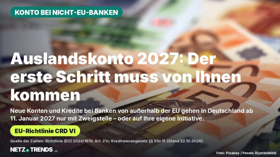 Aufmacher-Karte mit Euro-Banknoten im Hintergrund und dem Text: Auslandskonto 2027 – der erste Schritt muss von Ihnen kommen; ab 11. Januar 2027 Zweigstelle oder Eigeninitiative bei Banken außerhalb der EU