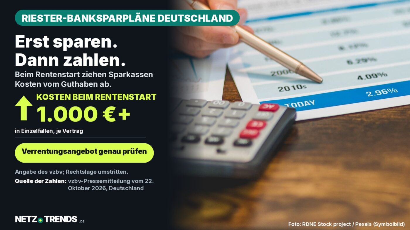 Aufmacher-Karte: Hand mit Kugelschreiber prueft eine Zinstabelle neben einem Taschenrechner; daneben die Angabe, dass beim Start der Riester-Rente aus einem Banksparplan Kosten von mehr als 1.000 Euro je Vertrag anfallen koennen