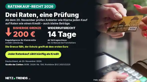 Eine Hand hält eine Kreditkarte an ein Kartenzahlungsterminal, während eine zweite Person auf dem Gerät tippt – Symbolbild zum neuen Verbraucherkreditrecht für Ratenkauf-Dienste.