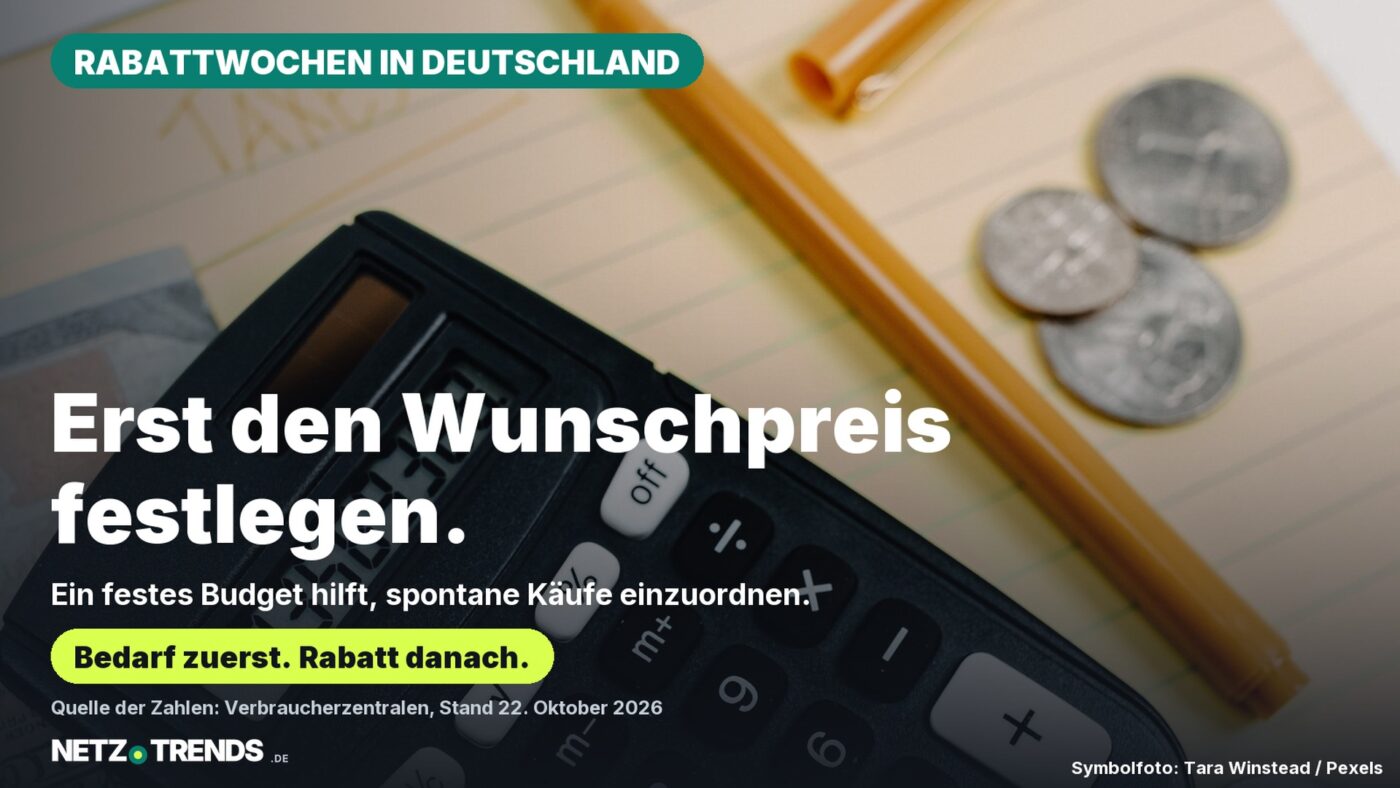 Taschenrechner mit Notizblock und Geld; Aufschrift Erst den Wunschpreis festlegen, mit Original-Logo von NETZ-TRENDS.