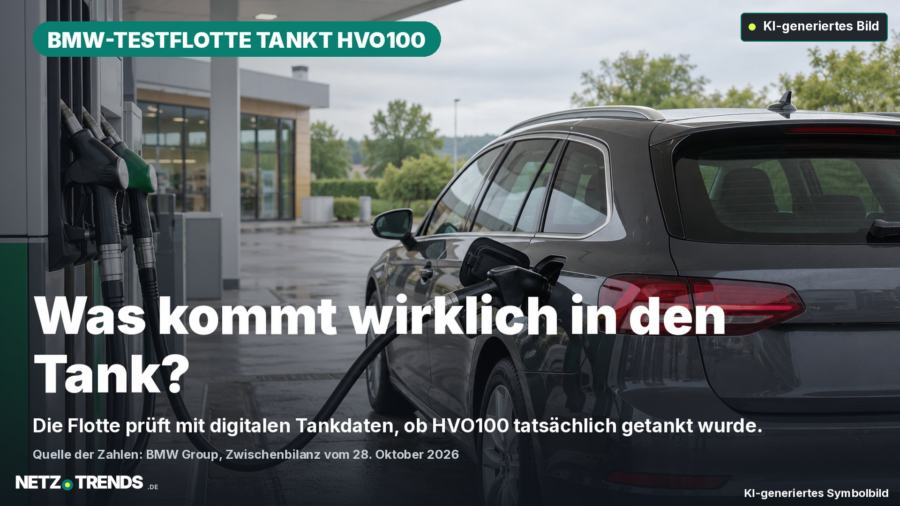 Unbeschrifteter dunkler Pkw mit eingesetzter Zapfpistole an einer modernen Tankstelle; oben rechts ein grüner KI-Badge.