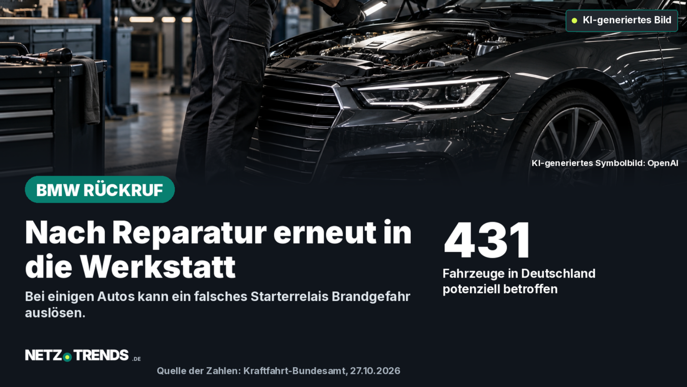 Mechaniker prüft den Motorraum eines dunklen Autos in einer Werkstatt; daneben die Zahl 431.
