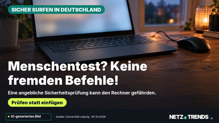 KI-generiertes Symbolmotiv eines unbeschrifteten Laptops mit Maus auf einem Schreibtisch; Aufmacher mit dem Hinweis, keine fremden Befehle auszuführen, und Original-Logo von NETZ-TRENDS.