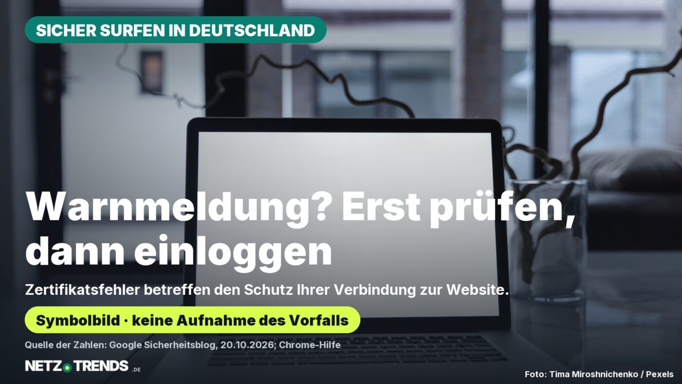 Laptop mit leerem Bildschirm; NETZ-TRENDS-Aufmacher mit dem Hinweis: Warnmeldung? Erst prüfen, dann einloggen.