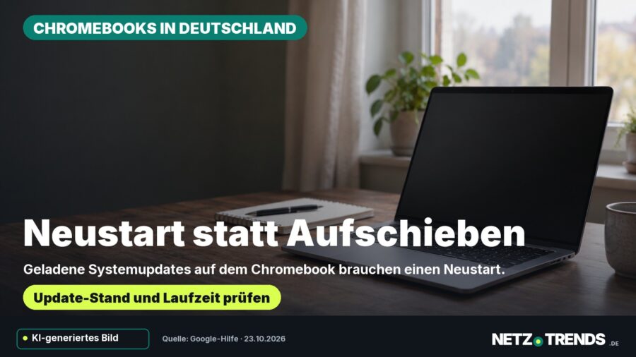 KI-generiertes Symbolmotiv eines neutralen Notebooks auf einem Schreibtisch. Aufmacher: Neustart statt Aufschieben. Geladene Systemupdates auf dem Chromebook brauchen einen Neustart.