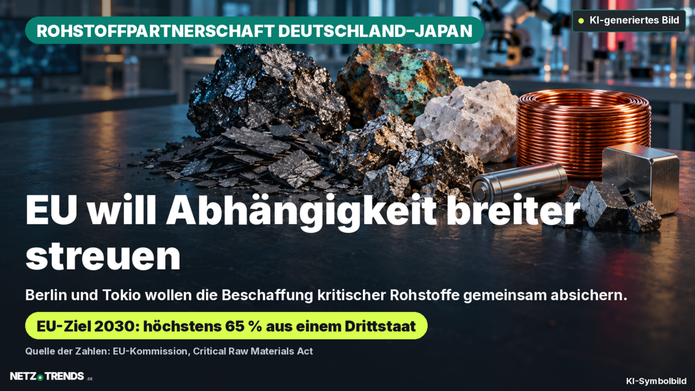 Mineralproben, Kupferdraht und eine Batteriezelle auf einer Laborarbeitsfläche.
