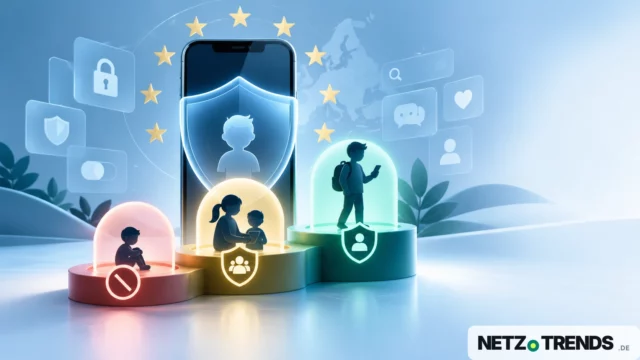 Symbolbild zum EU KIDS Act: Smartphone, Schutzschild und altersgestufter Zugang zu sozialen Medien