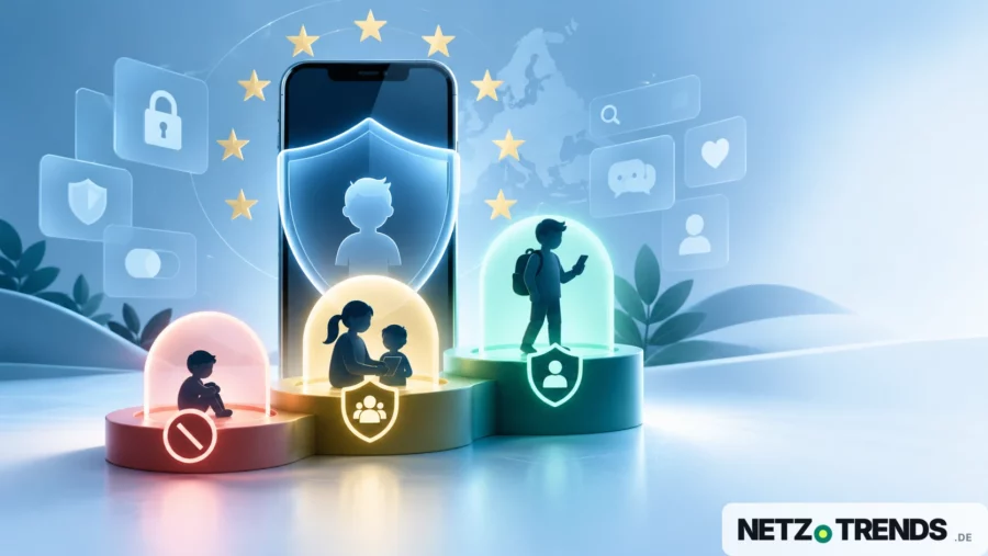 Symbolbild zum EU KIDS Act: Smartphone, Schutzschild und altersgestufter Zugang zu sozialen Medien