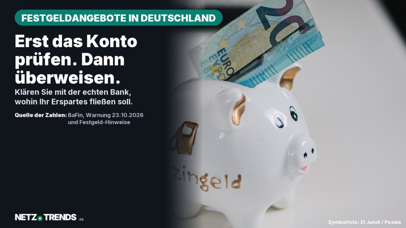 Sparschwein mit 20-Euro-Schein; redaktioneller Hinweis, vor einer Überweisung das Konto zu prüfen, mit NETZ-TRENDS-Logo.