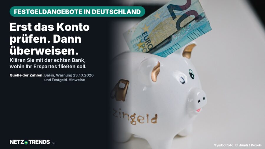 Sparschwein mit 20-Euro-Schein; redaktioneller Hinweis, vor einer Überweisung das Konto zu prüfen, mit NETZ-TRENDS-Logo.