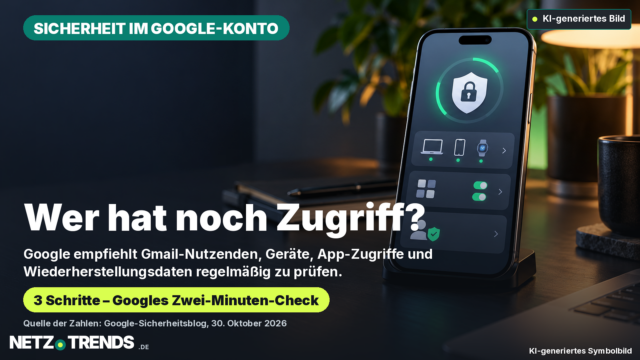 Smartphone mit abstrakten Sicherheitsanzeigen zu Gerätesitzungen, App-Zugriffen und Kontowiederherstellung.