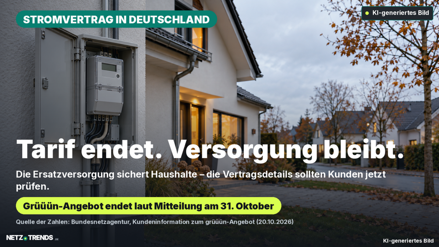 Stromzähler an der Außenwand eines Wohnhauses, im Hintergrund weitere Häuser.