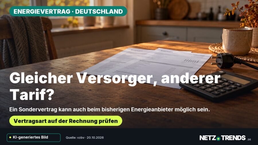 KI-Symbolmotiv mit Energieunterlagen, Taschenrechner und Stromstecker; Frage nach einem anderen Tarif beim gleichen Versorger, mit NETZ-TRENDS-Logo.