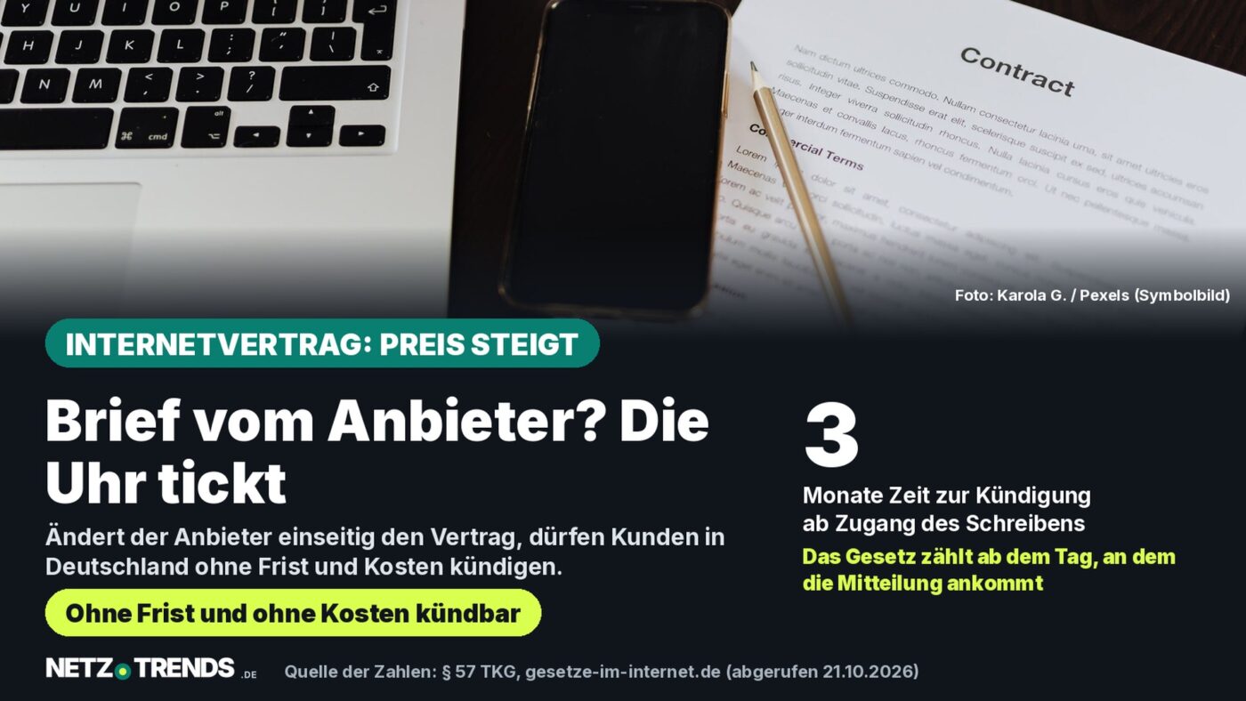 Aufmacher-Karte: Laptop, Smartphone und ein Vertrag auf einem Schreibtisch; Kernaussage: Drei Monate Zeit zur Kündigung ab Zugang der Preiserhöhung nach § 57 TKG