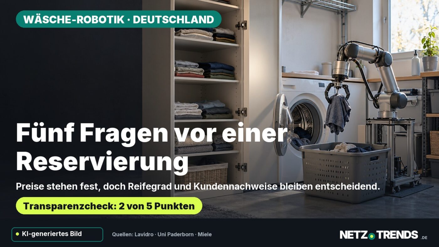Symbolbild eines Roboterarms zwischen Waschmaschine und Wäscheschrank zum Transparenzcheck des frühen Lavidro-Projekts