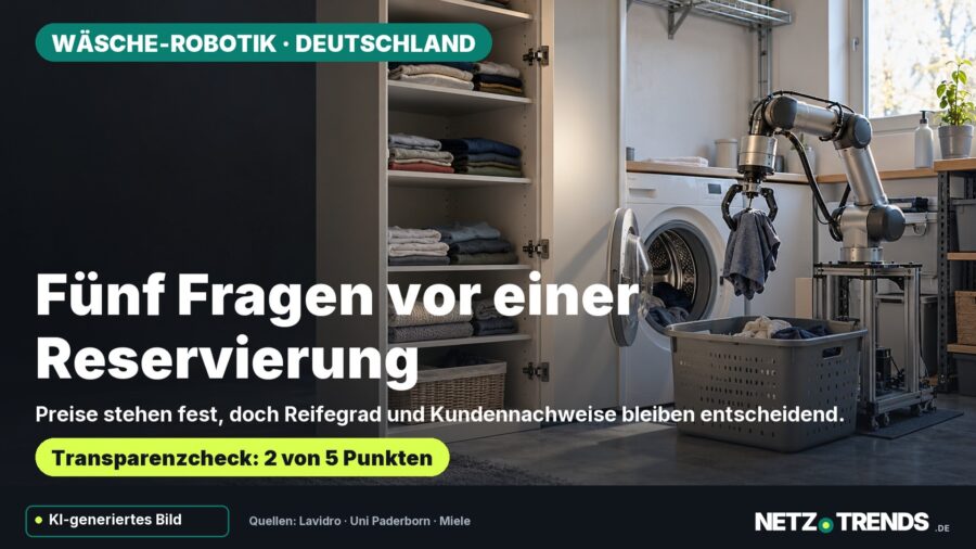 Symbolbild eines Roboterarms zwischen Waschmaschine und Wäscheschrank zum Transparenzcheck des frühen Lavidro-Projekts