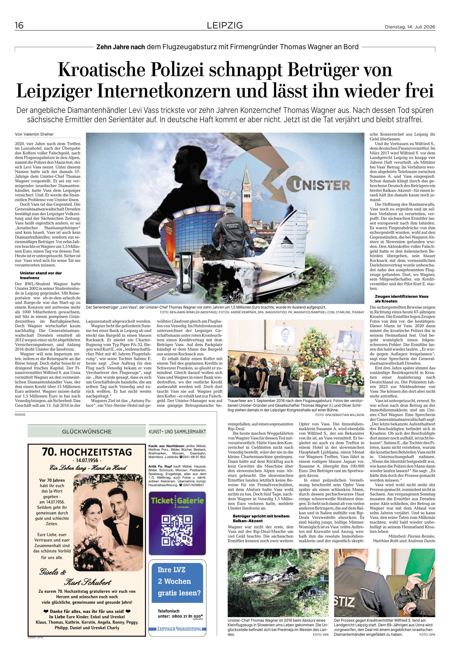 Original-Zeitungsseite der Leipziger Volkszeitung: Kroatische Polizei schnappt Betrüger und lässt ihn wieder frei