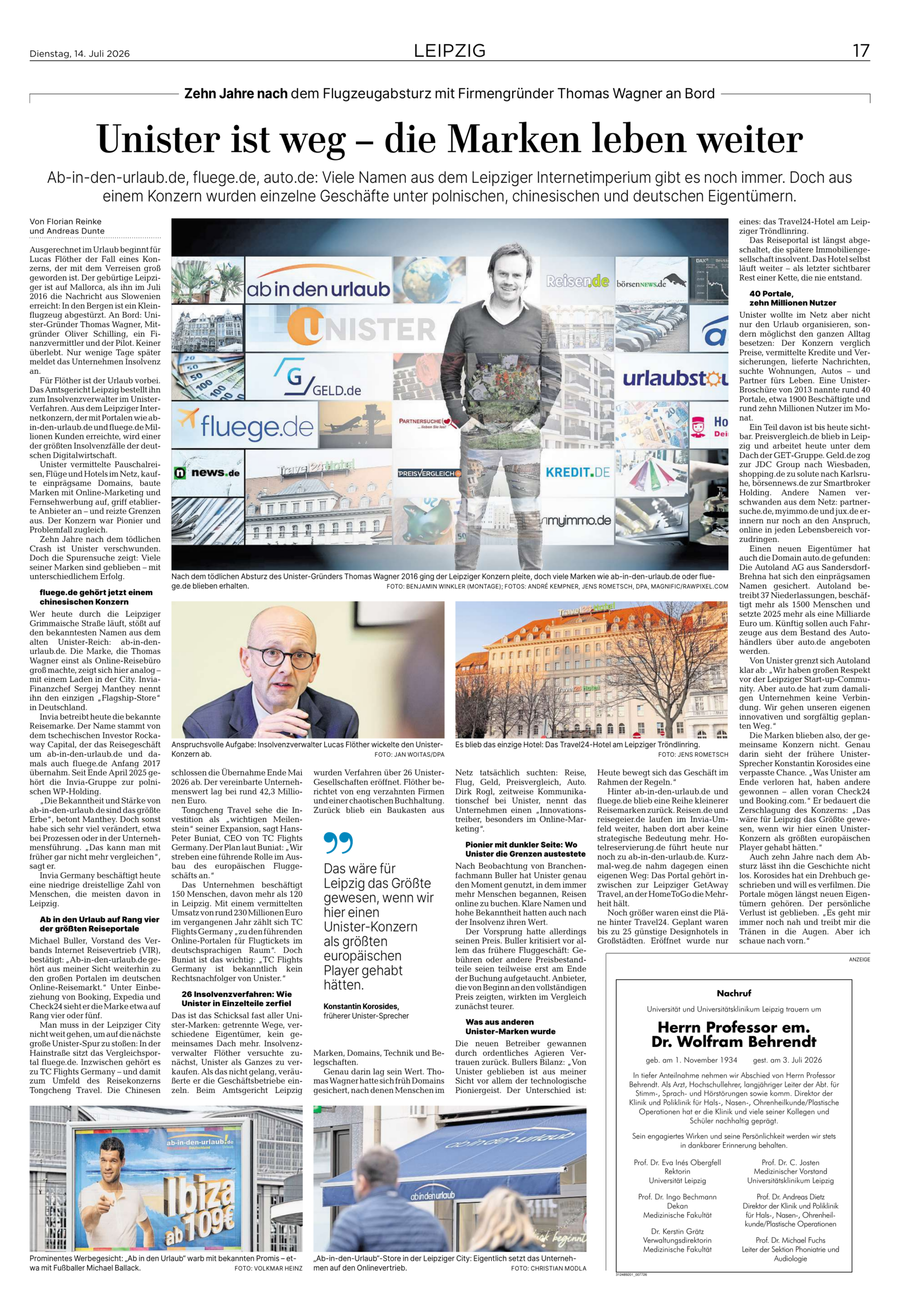 Original-Zeitungsseite der Leipziger Volkszeitung: Unister ist weg – die Marken leben weiter