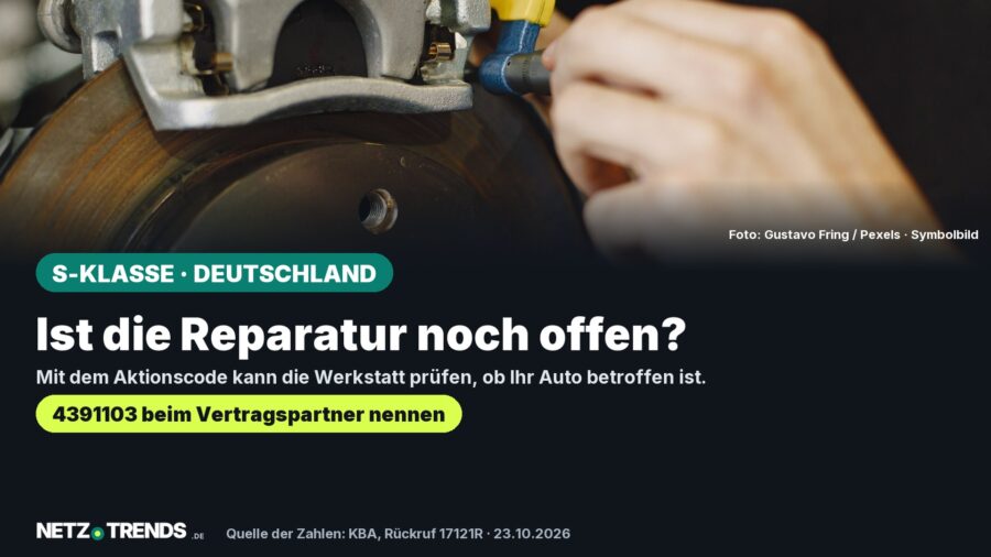 Symbolfoto einer Autobremse mit Bremsscheibe und Bremssattel; Aufmacher fragt nach offener Reparatur und nennt den Aktionscode 4391103.