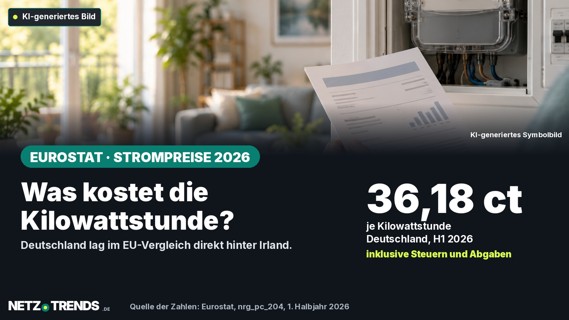 Symbolbild: Stromzähler und eine Person mit einer nicht lesbaren Stromrechnung in einer Wohnung.