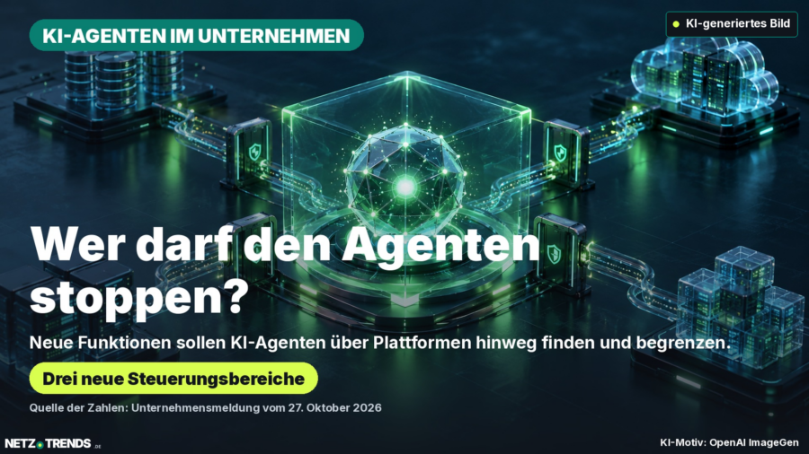 Leuchtende abstrakte Agenteninstanz in einem geschützten digitalen Bereich, mit Verbindungen zu Serversystemen; KI-Badge oben rechts und NETZ-TRENDS-Logo unten links.