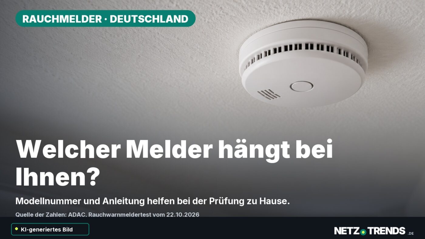Generierter neutraler Rauchmelder an einer Zimmerdecke mit der Frage „Welcher Melder hängt bei Ihnen?“, sichtbarem KI-Hinweis und NETZ-TRENDS-Logo.