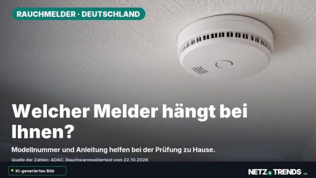 Generierter neutraler Rauchmelder an einer Zimmerdecke mit der Frage „Welcher Melder hängt bei Ihnen?“, sichtbarem KI-Hinweis und NETZ-TRENDS-Logo.